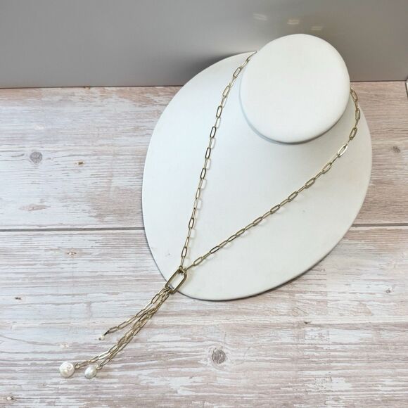 Express Gold Plated Paper clip Chain Triple Y Drop Necklace Genuine Pearl Dangle - Picture 5 of 5